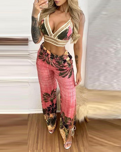 Tropical Print Lace Trim Crop Top & Slit Pants Set